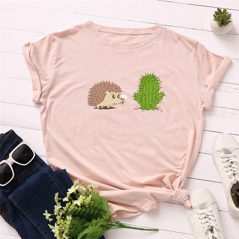 100% Cotton Women's T-Shirt with Cute Hedgehog Print