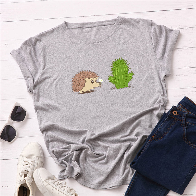 100% Cotton Women's T-Shirt with Cute Hedgehog Print