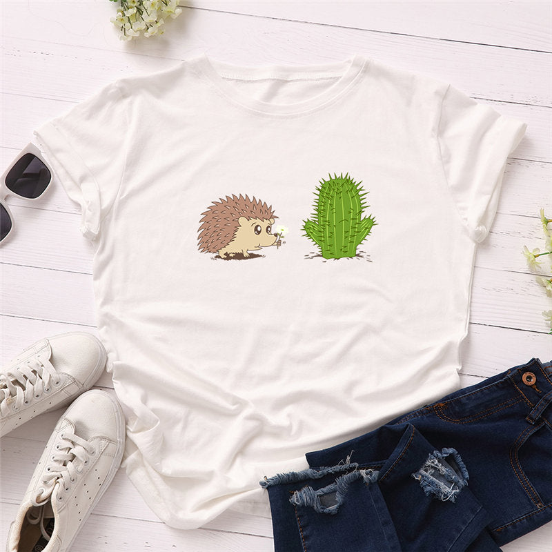 100% Cotton Women's T-Shirt with Cute Hedgehog Print
