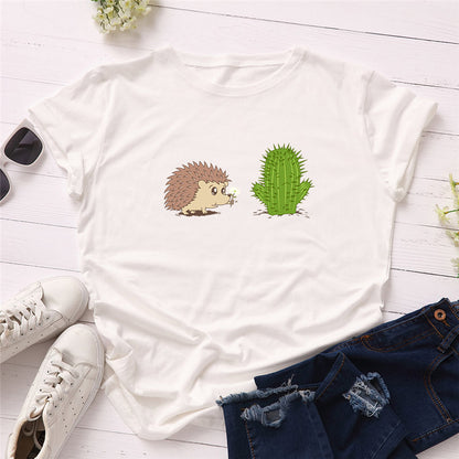 100% Cotton Women's T-Shirt with Cute Hedgehog Print