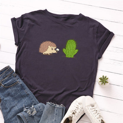 100% Cotton Women's T-Shirt with Cute Hedgehog Print