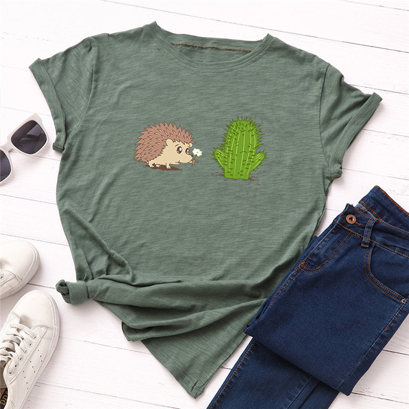 100% Cotton Women's T-Shirt with Cute Hedgehog Print