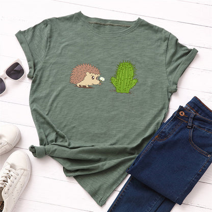 100% Cotton Women's T-Shirt with Cute Hedgehog Print