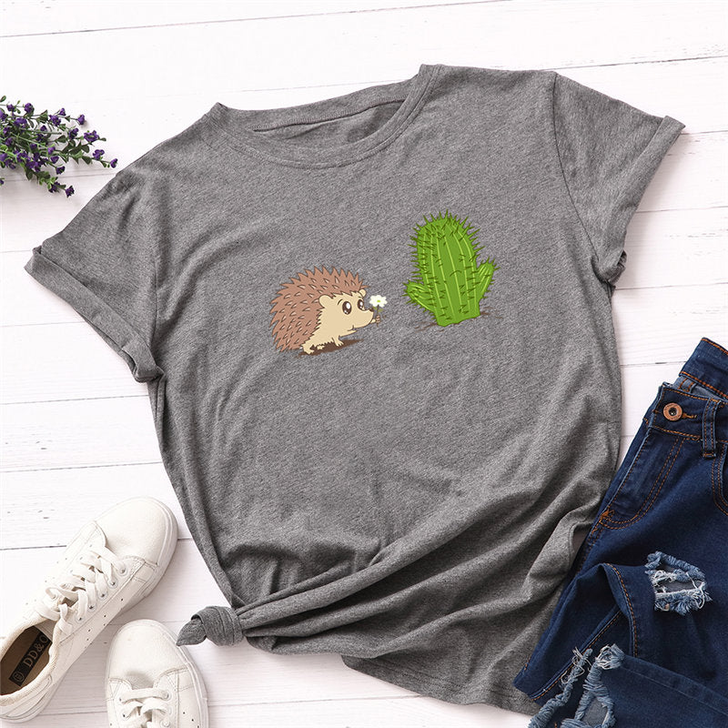 100% Cotton Women's T-Shirt with Cute Hedgehog Print