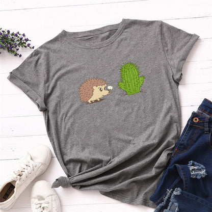 100% Cotton Women's T-Shirt with Cute Hedgehog Print