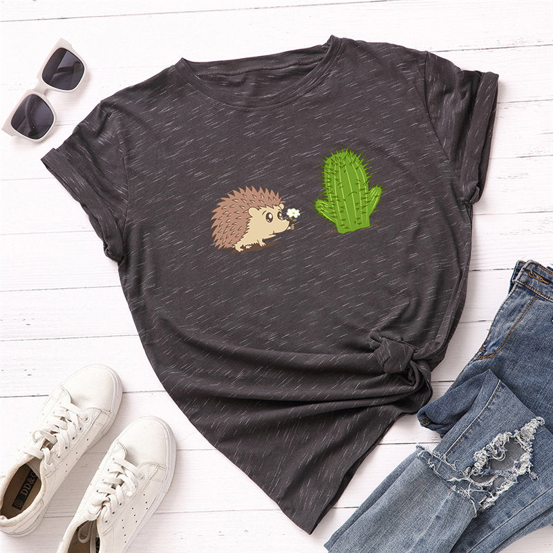 100% Cotton Women's T-Shirt with Cute Hedgehog Print