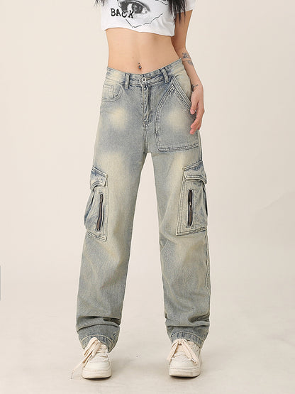 Loose Straight Retro Multi-pocket Workwear Jeans