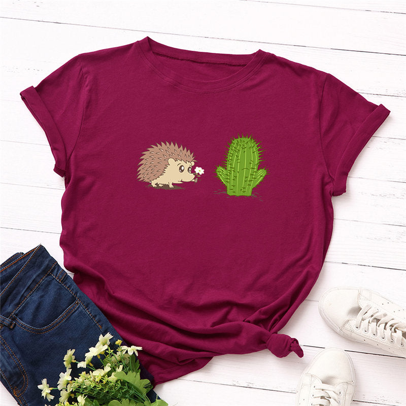 100% Cotton Women's T-Shirt with Cute Hedgehog Print