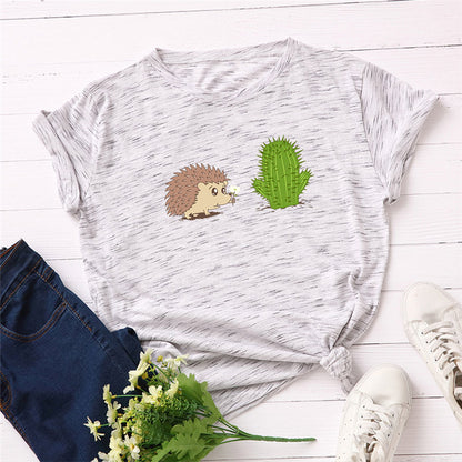 100% Cotton Women's T-Shirt with Cute Hedgehog Print