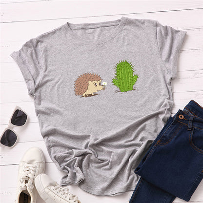100% Cotton Women's T-Shirt with Cute Hedgehog Print