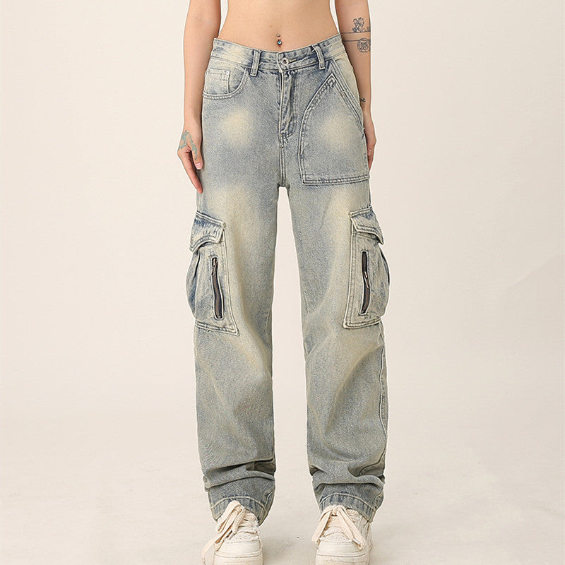Loose Straight Retro Multi-pocket Workwear Jeans