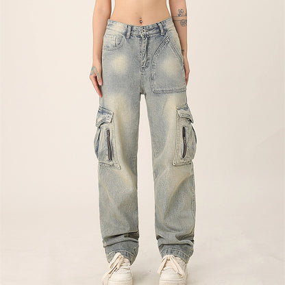 Loose Straight Retro Multi-pocket Workwear Jeans