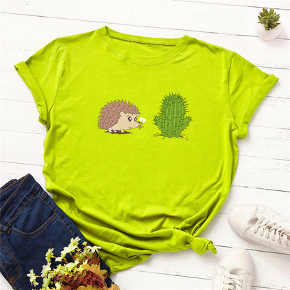 100% Cotton Women's T-Shirt with Cute Hedgehog Print