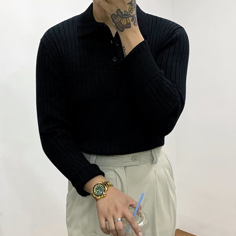 Men's Long Sleeve Knitted Polo Shirt Sweater