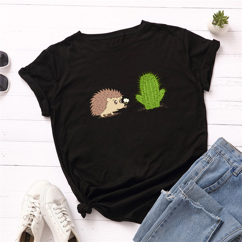 100% Cotton Women's T-Shirt with Cute Hedgehog Print