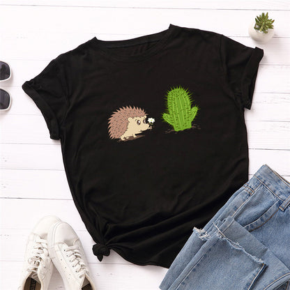 100% Cotton Women's T-Shirt with Cute Hedgehog Print