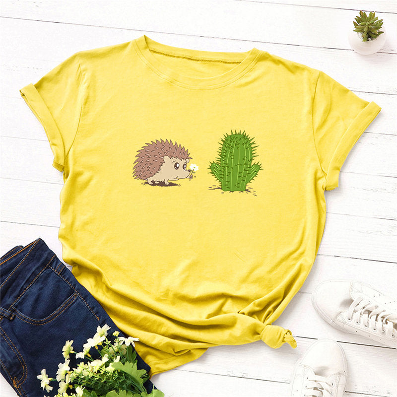 100% Cotton Women's T-Shirt with Cute Hedgehog Print